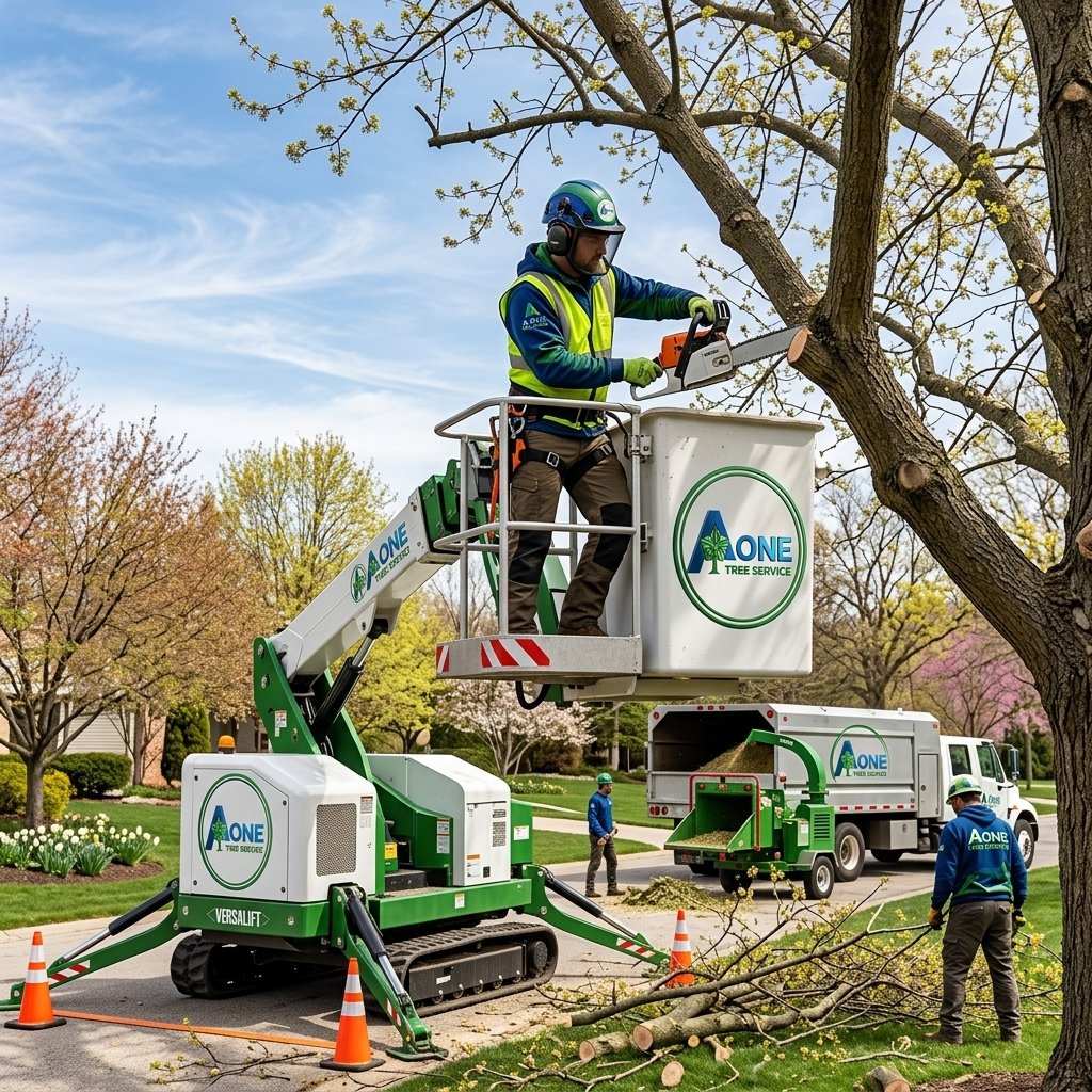 Arborist carefully pruning a flowering spring tree in Rochester NY