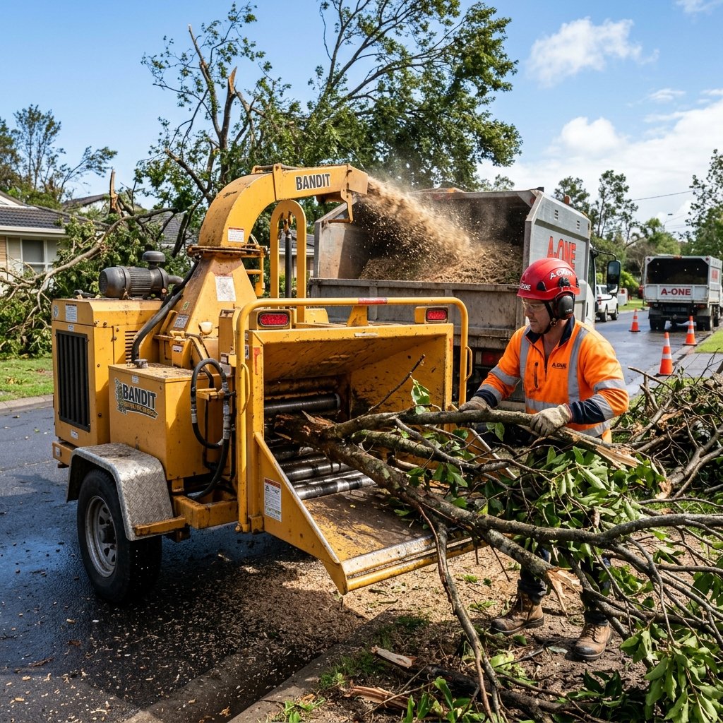 A-One Tree Services chipping storm damaged branches in Rochester NY