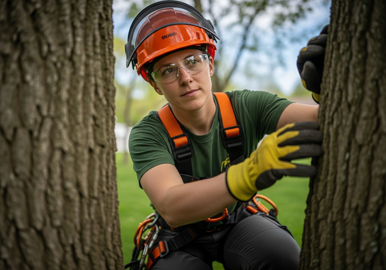 Certified arborist inspecting tree in Perinton NY
